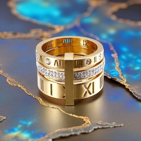 ๐ Modern Classic Roman Numeral Unisex Ring 18K Gold Plated Stainless Steel Sz 9 - Picture 13 of 13